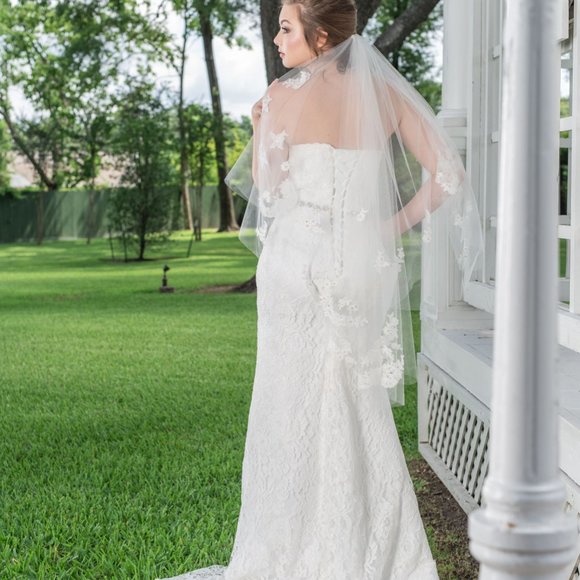Beaded ivory lace trim fingertip wedding veil main image 6